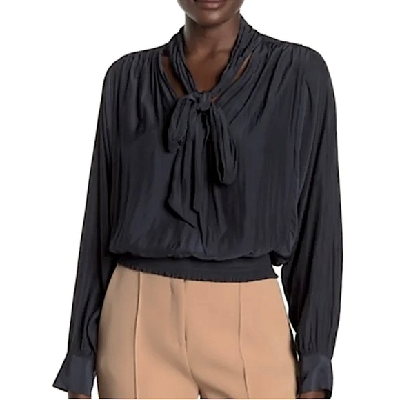 RAMY BROOK Winslow Black V-neck Self Tie Long Sleeve Pullover Blouse Top - Picture 1 of 14